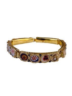 Antique Italian Gold-Tone Womens Micro Mosaic Bracelet Circular Floral Design